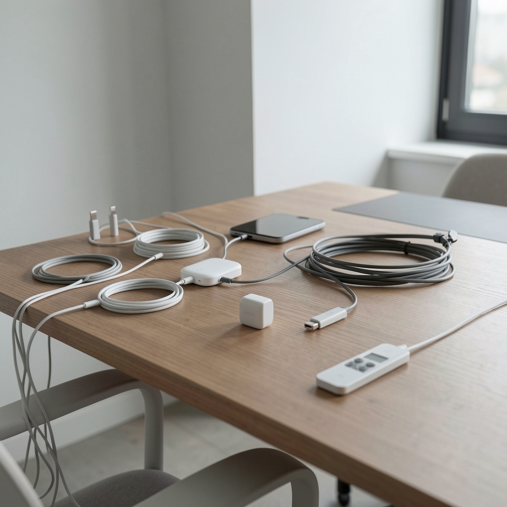 Birou modern fără persoane cu accesorii wireless, cabluri organizate și lumină naturală neutră