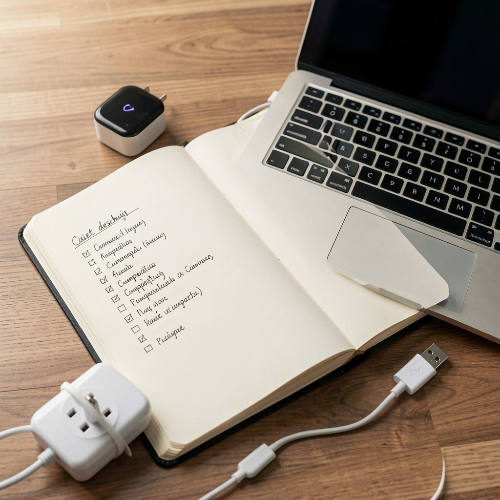 Caiet deschis cu o listă de cumpărături lângă un laptop, o priză smart și un cablu USB, fără persoane