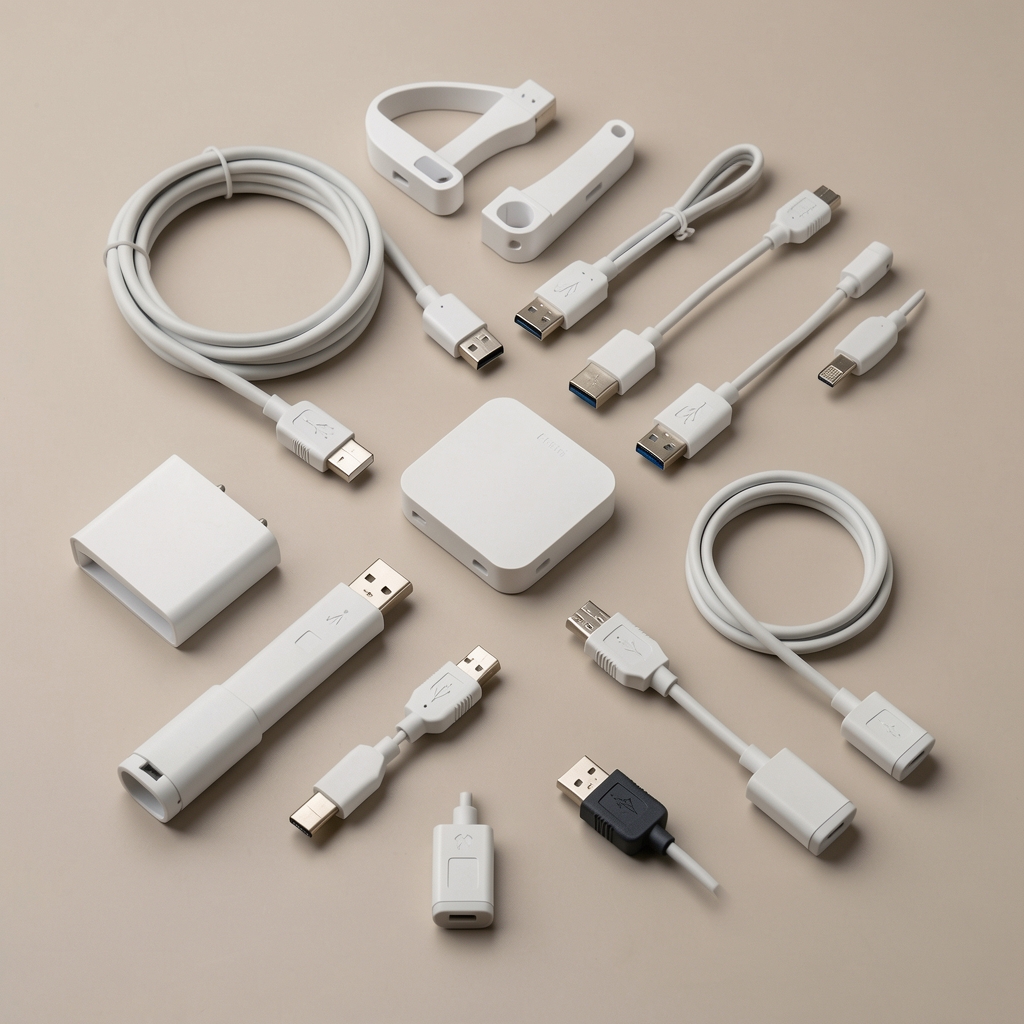 Selecție de cabluri, suporturi și huburi USB așezate geometric pe fundal neutru fără persoane