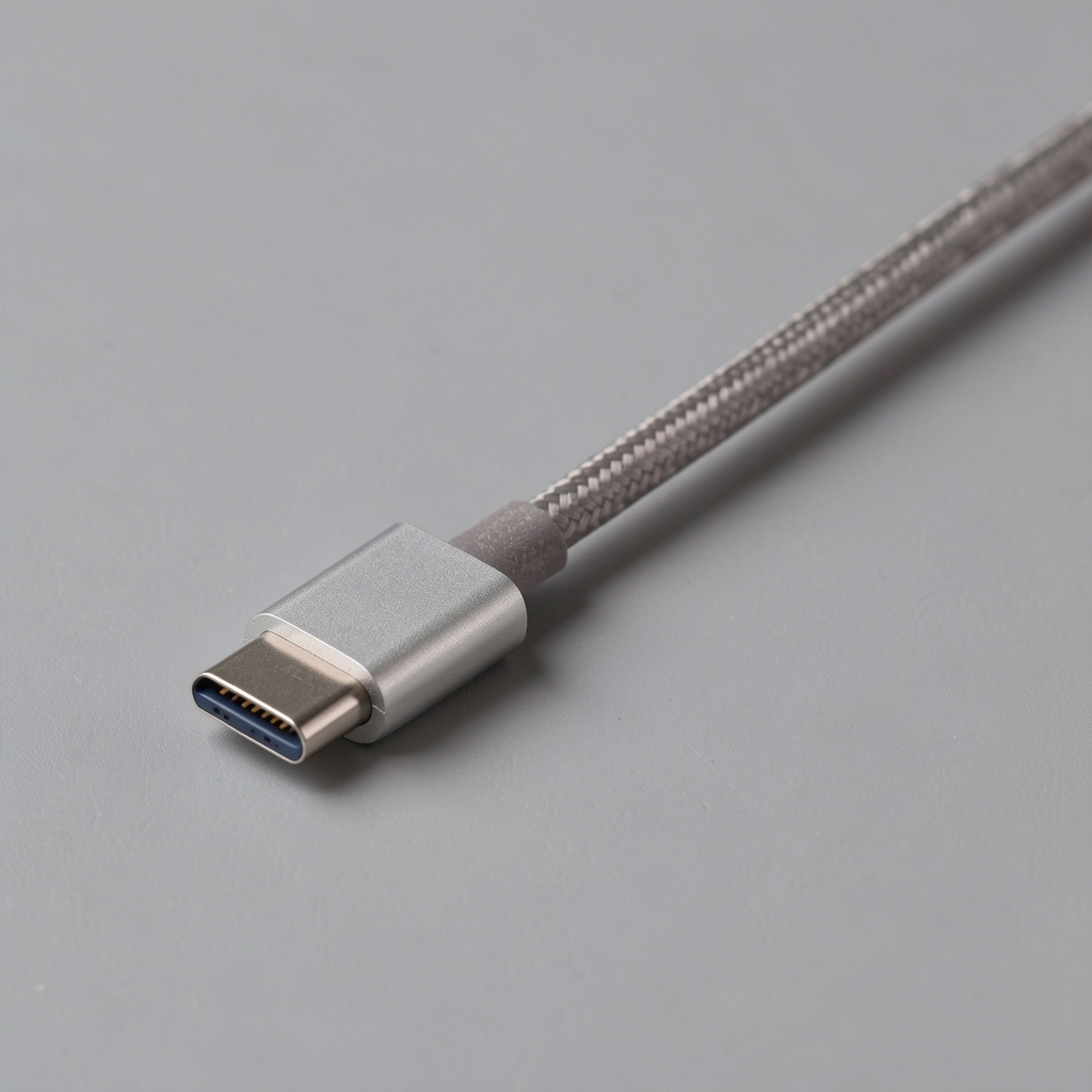 Hub USB-C cu porturi multiple și cablu împletit pe fundal gri neutru fără persoane