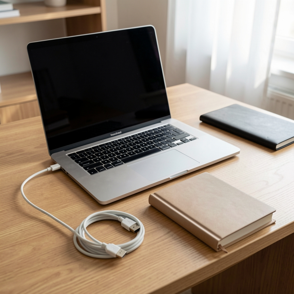 Birou de suport cu laptop, cablu USB și agendă fără persoane