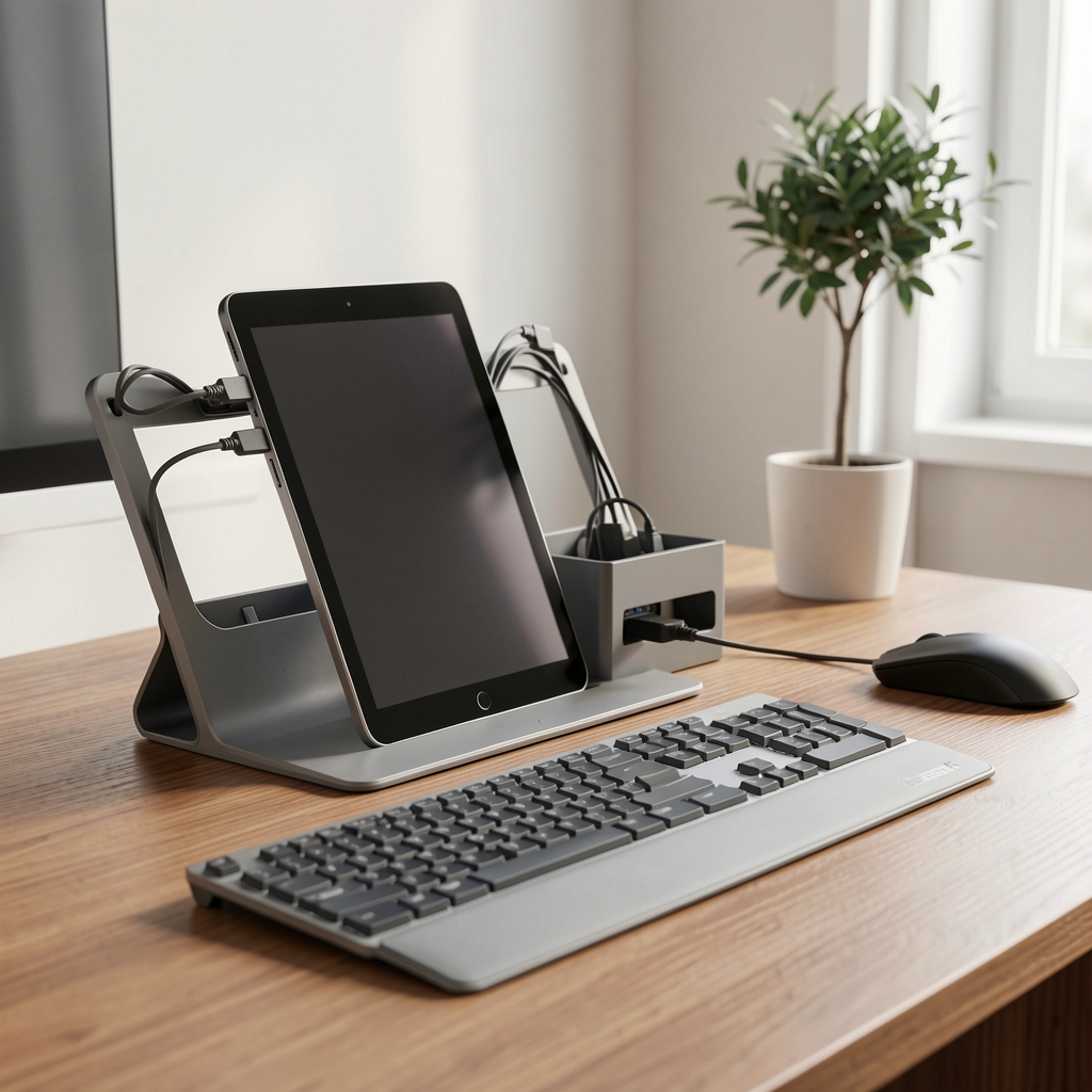 Suport de tabletă și organizator de cabluri lângă o tastatură pe birou fără persoane