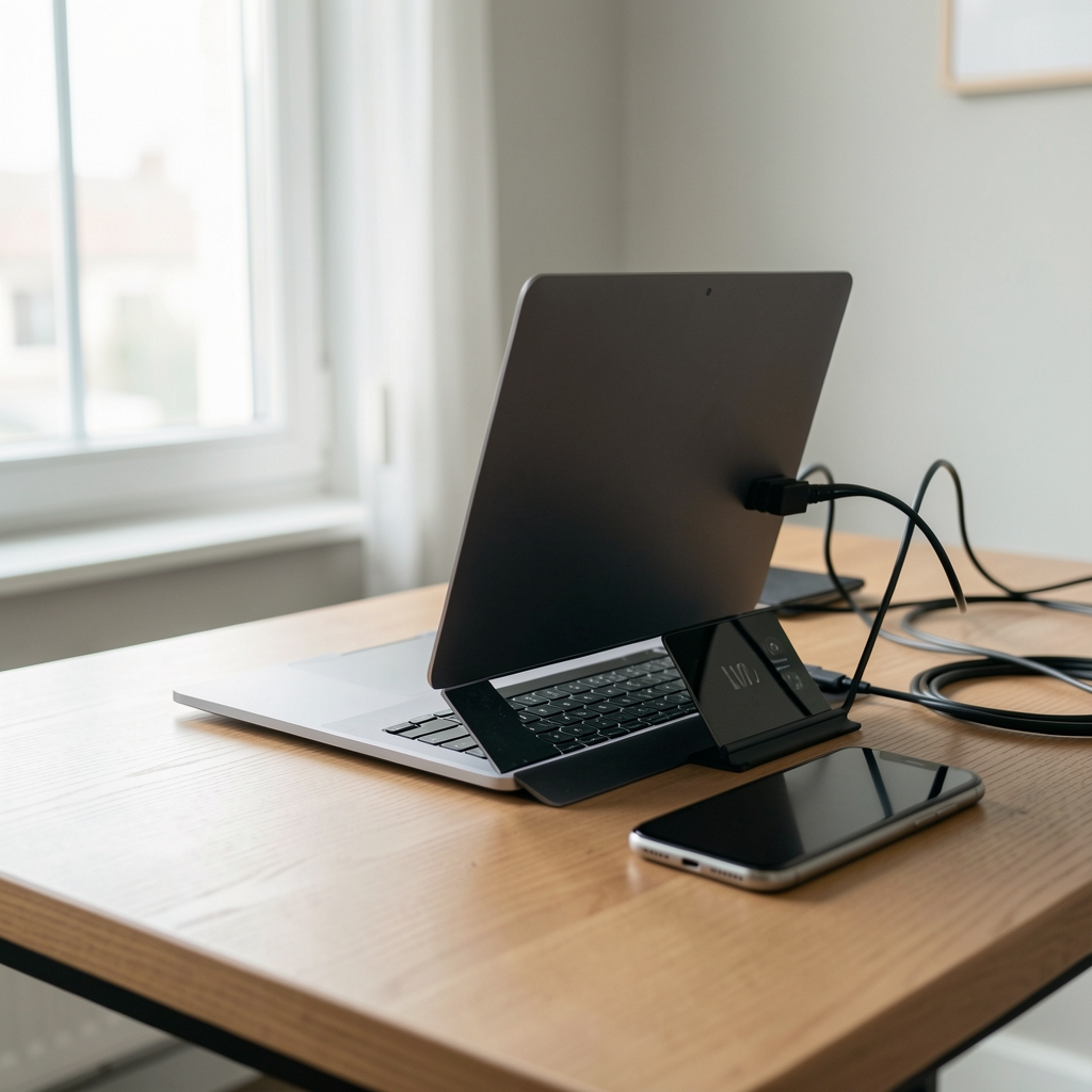 Spațiu de lucru fără persoane cu laptop ridicat, suport de telefon și cabluri ordonate