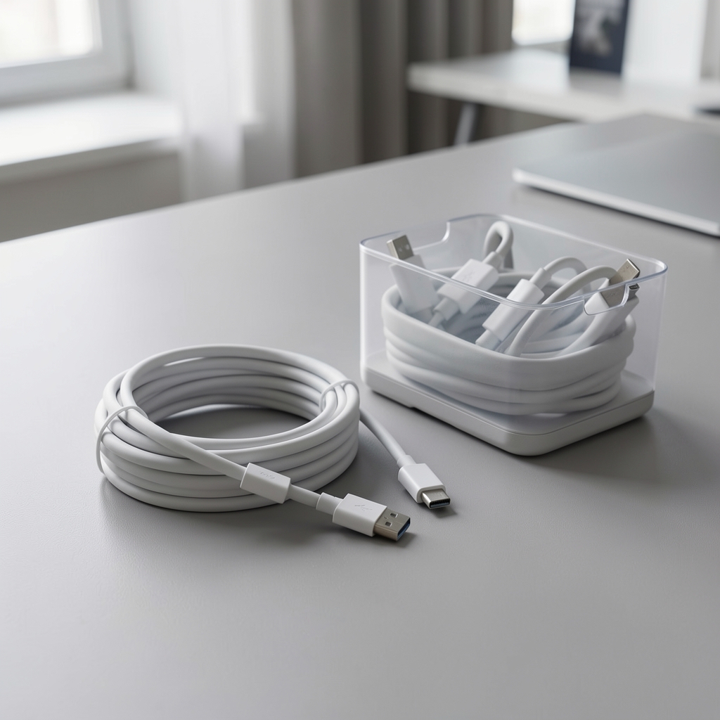 Cabluri USB-C împletite, înfășurate ordonat lângă un organizator de cabluri pe o masă gri