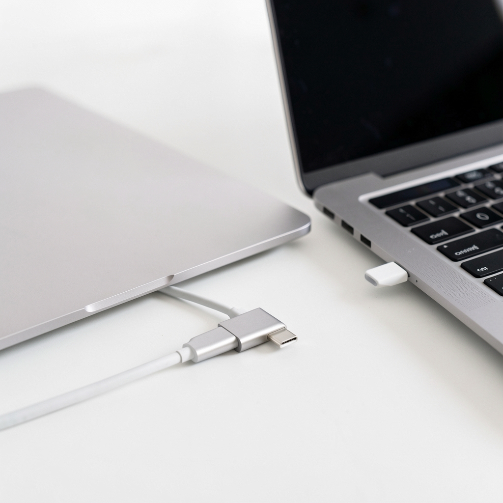Hub USB-C metalic conectat la un laptop subțire pe un birou alb, fără persoane