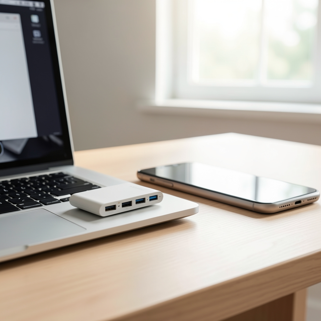 Hub USB-C așezat lângă un laptop închis pe un birou, cu cabluri ordonate, fără persoane