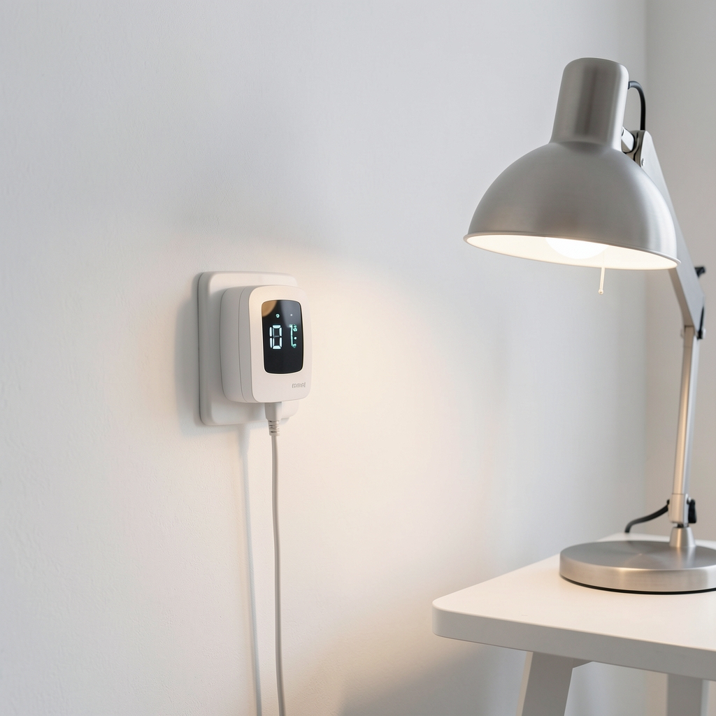 Priză smart Wi-Fi albă conectată la o lampă de birou, într-o cameră luminoasă, fără persoane