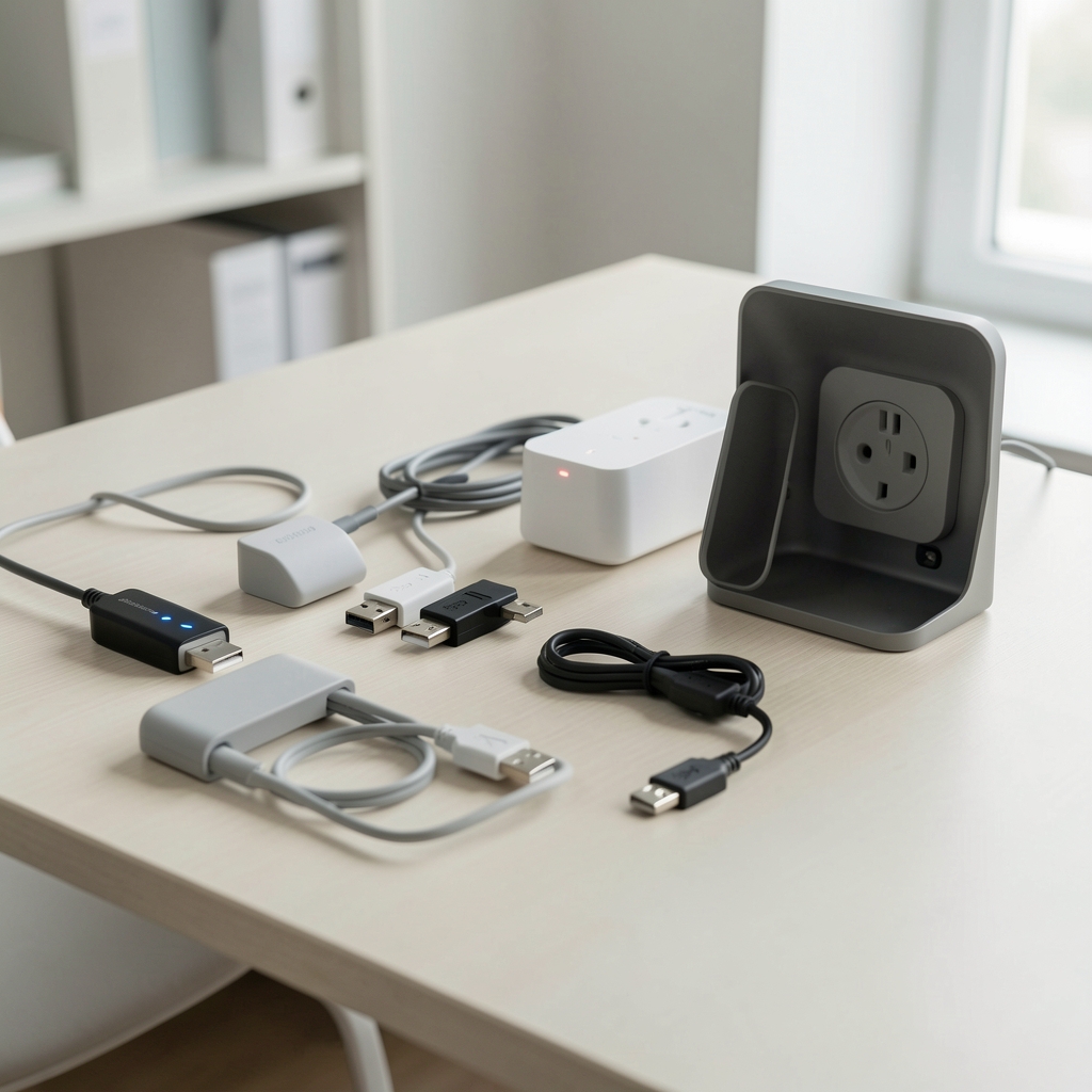 Gadgeturi tech fără persoane aranjate pe un birou curat, cu huburi USB, priză inteligentă, cabluri și suporturi moderne
