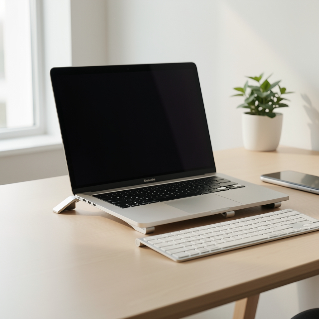 Suport de aluminiu pentru laptop pe un birou minimalist cu tastatură fără persoane