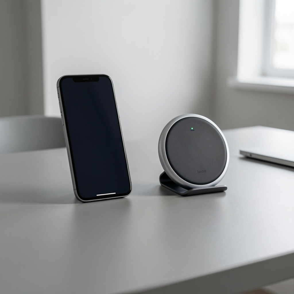 Suport de telefon și încărcător wireless aliniate pe un birou gri fără persoane
