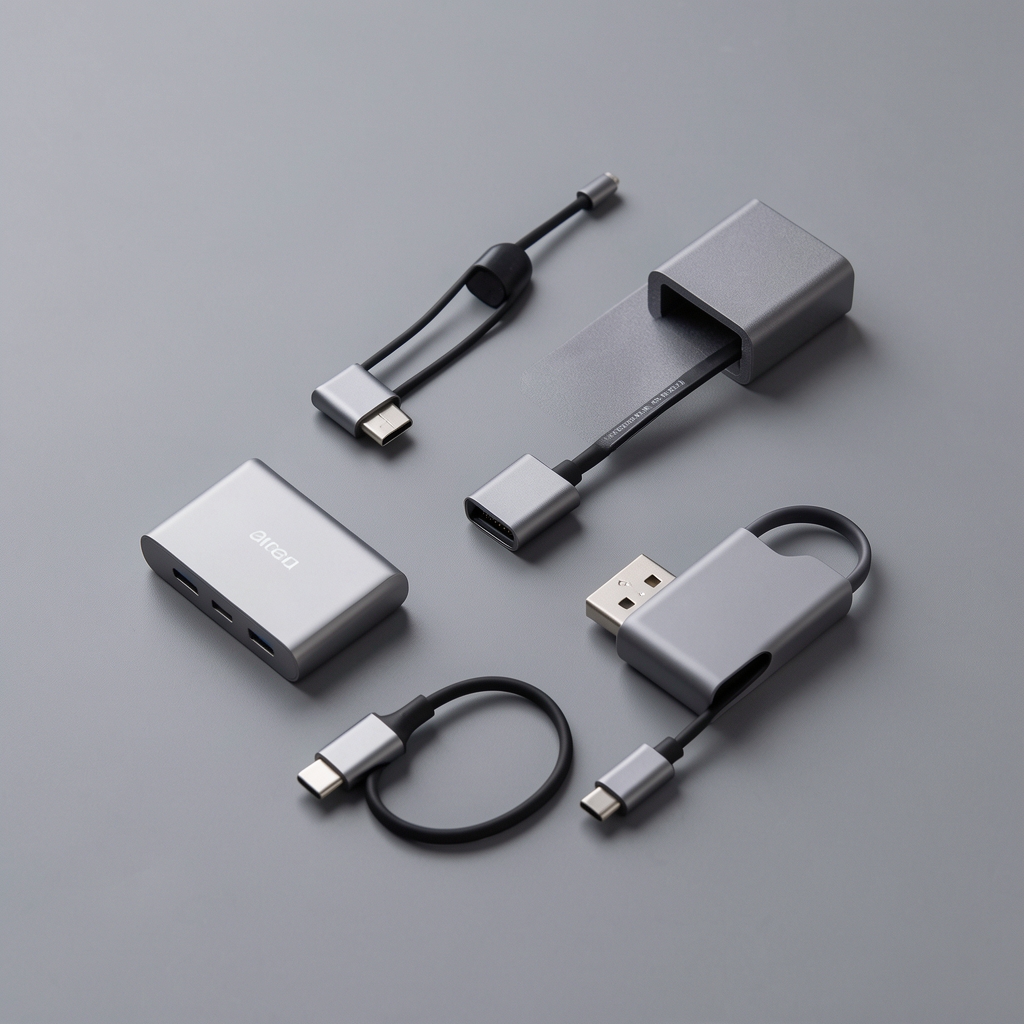 Cabluri USB-C și accesorii mobile așezate geometric pe fundal gri fără persoane