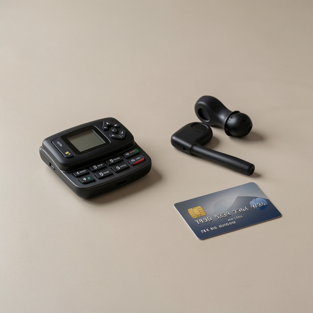 Cutie de gadgeturi și card bancar pe un birou neutru fără persoane
