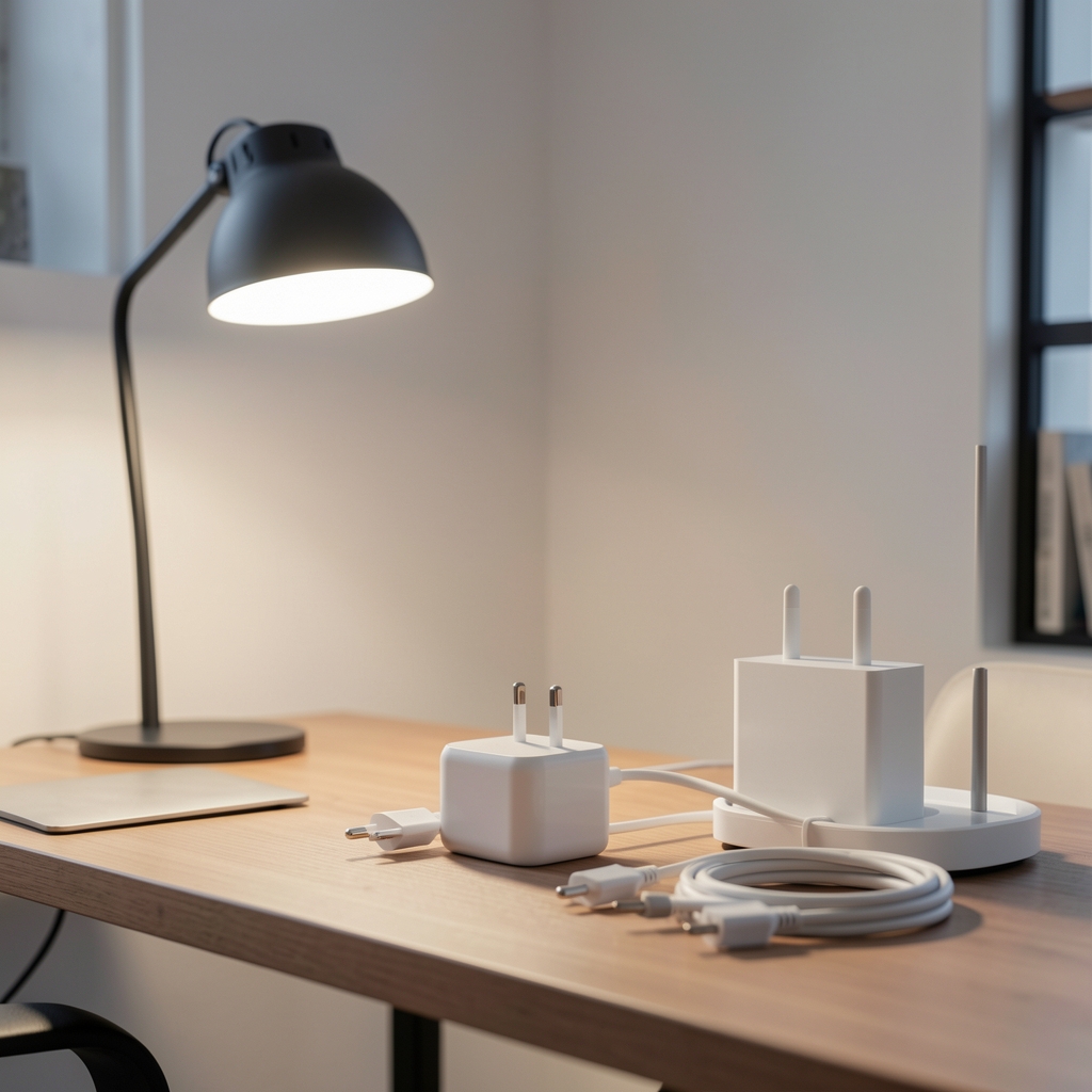 Două prize smart Wi-Fi albe și accesorii de instalare așezate pe un birou curat, fără persoane