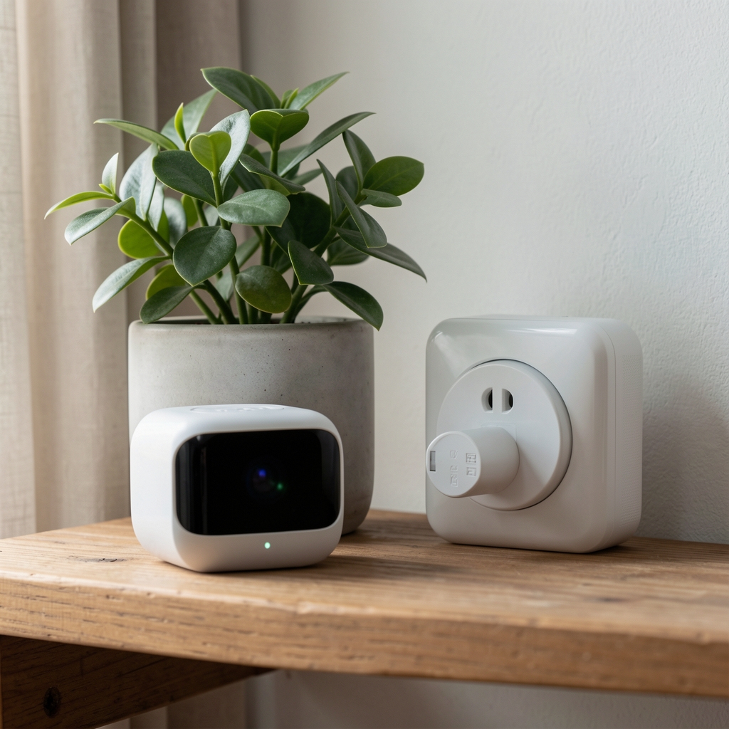 Senzor smart compact și priză inteligentă lângă o plantă pe raft fără persoane