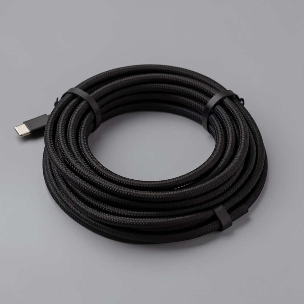 Cablu USB-C împletit negru rulat ordonat pe fundal gri neutru fără persoane