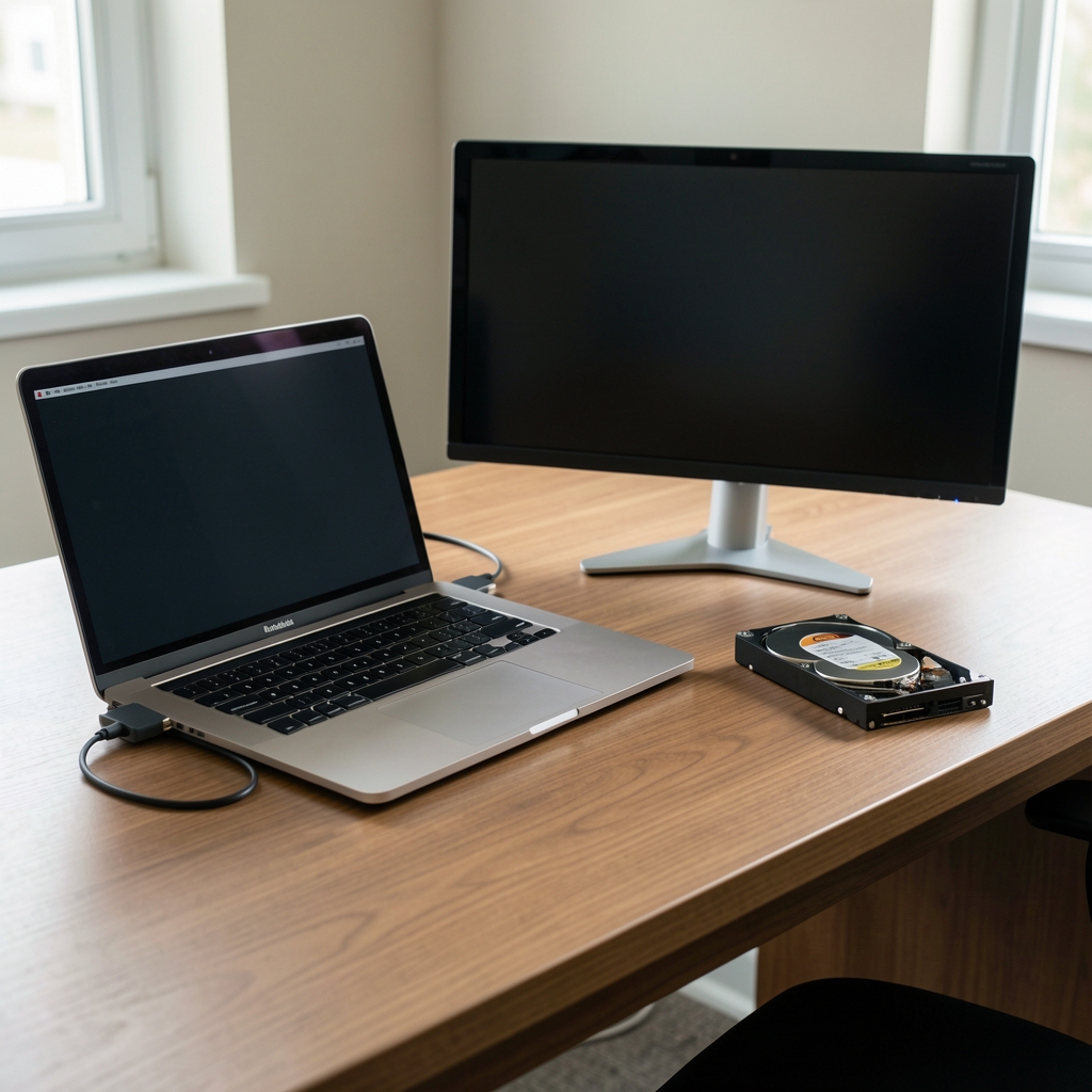 Laptop conectat la un hub USB-C, un monitor extern și un hard disk pe un birou ordonat, fără persoane