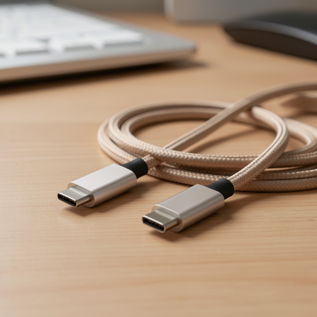 Hub USB-C metalic cu porturi vizibile lângă un cablu împletit pe birou fără persoane