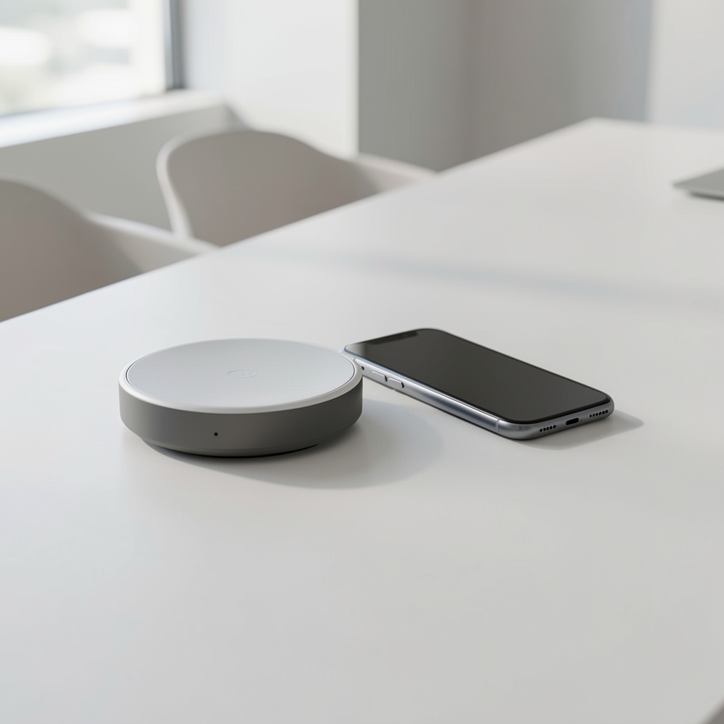 Încărcător wireless plat și telefon așezate pe o suprafață deschisă fără persoane