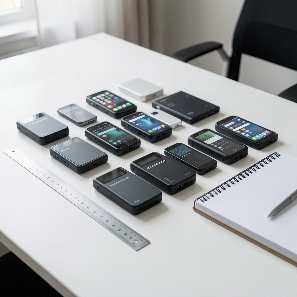 Gadgeturi tech așezate în rânduri pe o masă albă, cu o riglă și un caiet de notițe, fără persoane