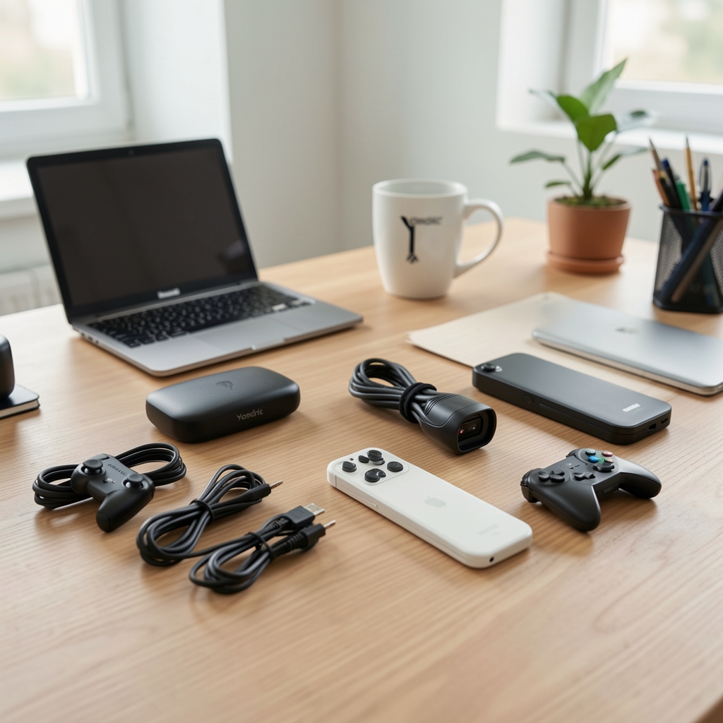Selecție de gadgeturi Yondric pe o masă de lucru ordonată, fără persoane